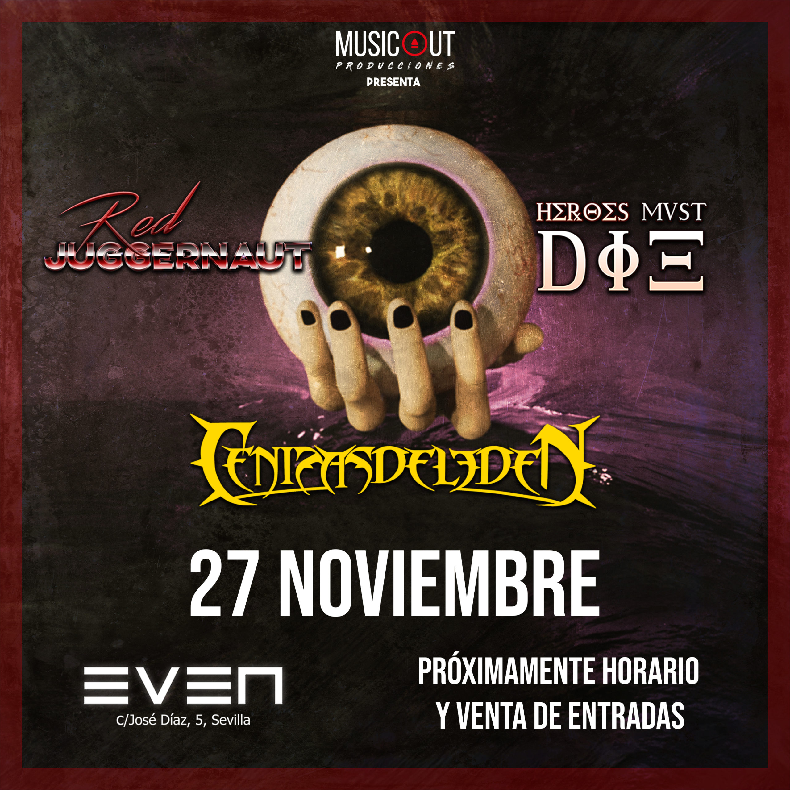 Red Juggernaut + Heroes Must Die + Cenizas Del Edén el 27 de noviembre en Sevilla